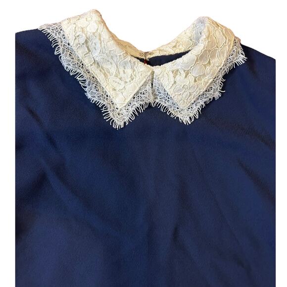 NWT NANETTE LEPORE Navy Cream Sleeveless Lace Collar Babydoll Shift Twee Dress 8 - Picture 3 of 10